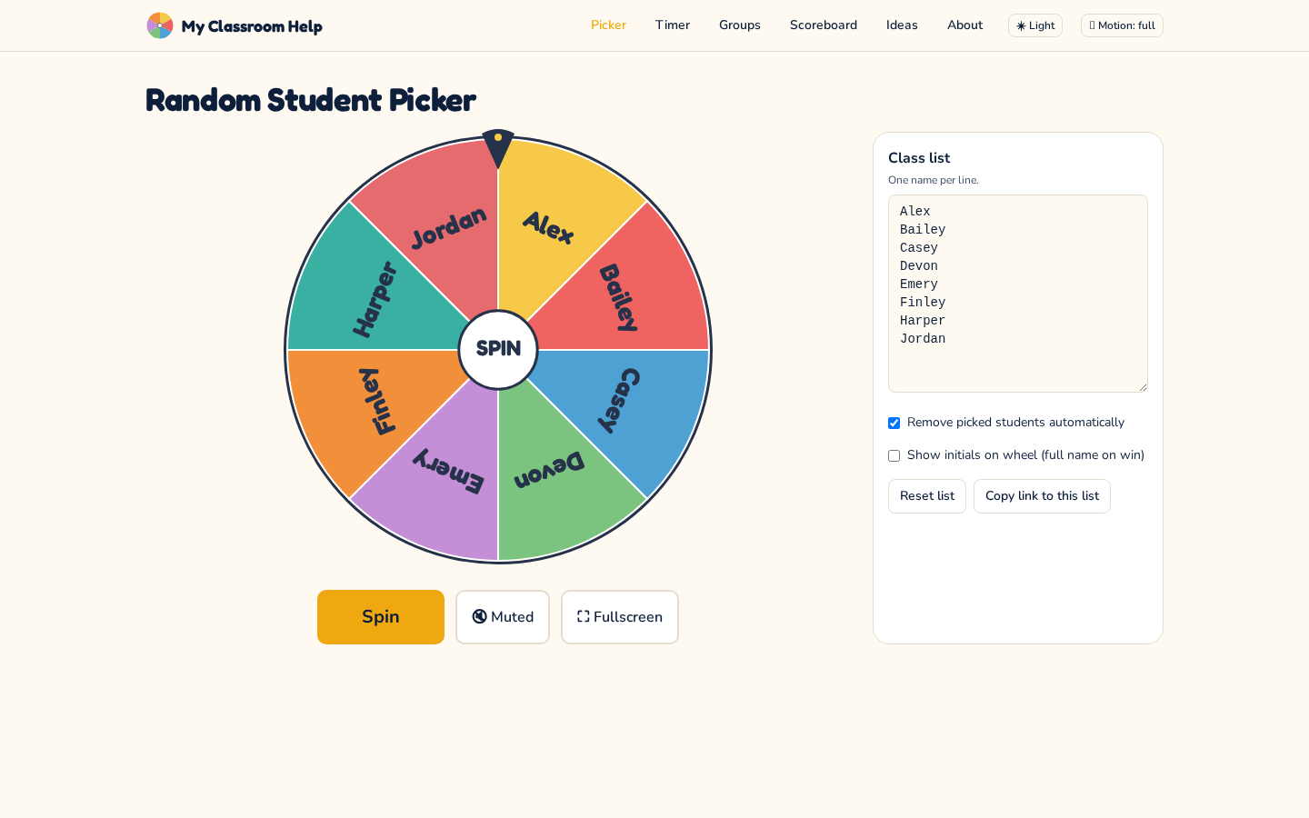 Random Student Picker wheel with a sample class list