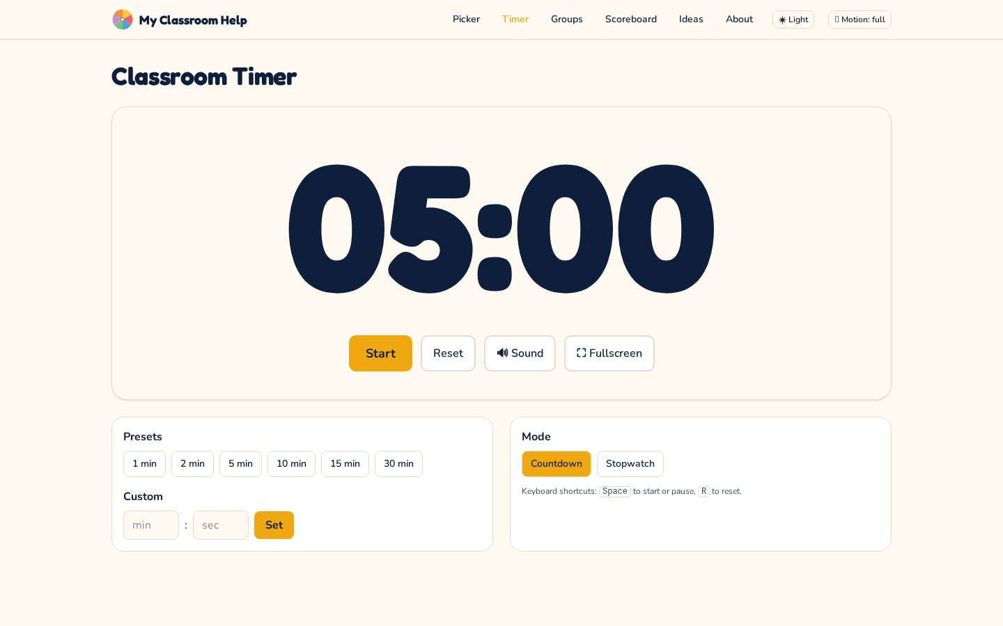 Classroom Timer showing a large 5-minute countdown