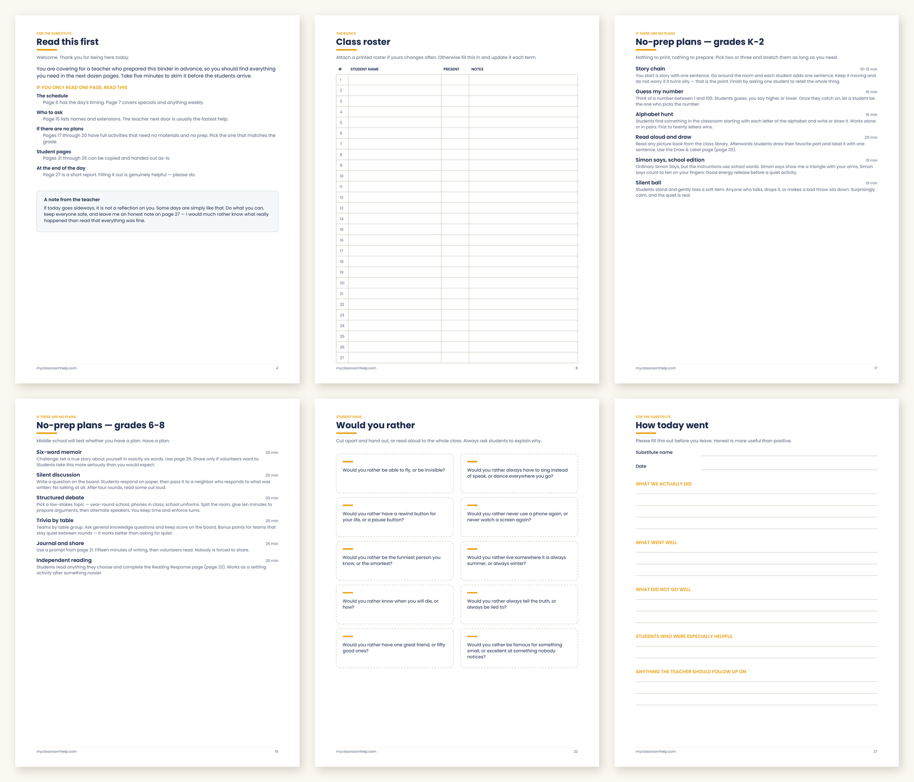 Preview grid of six interior pages from the Emergency Sub Binder