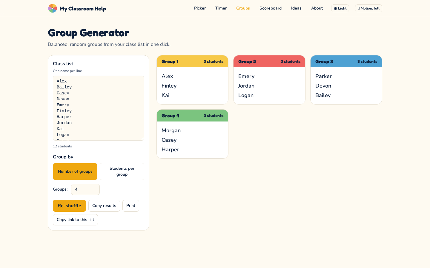Random Group Generator creating balanced student groups